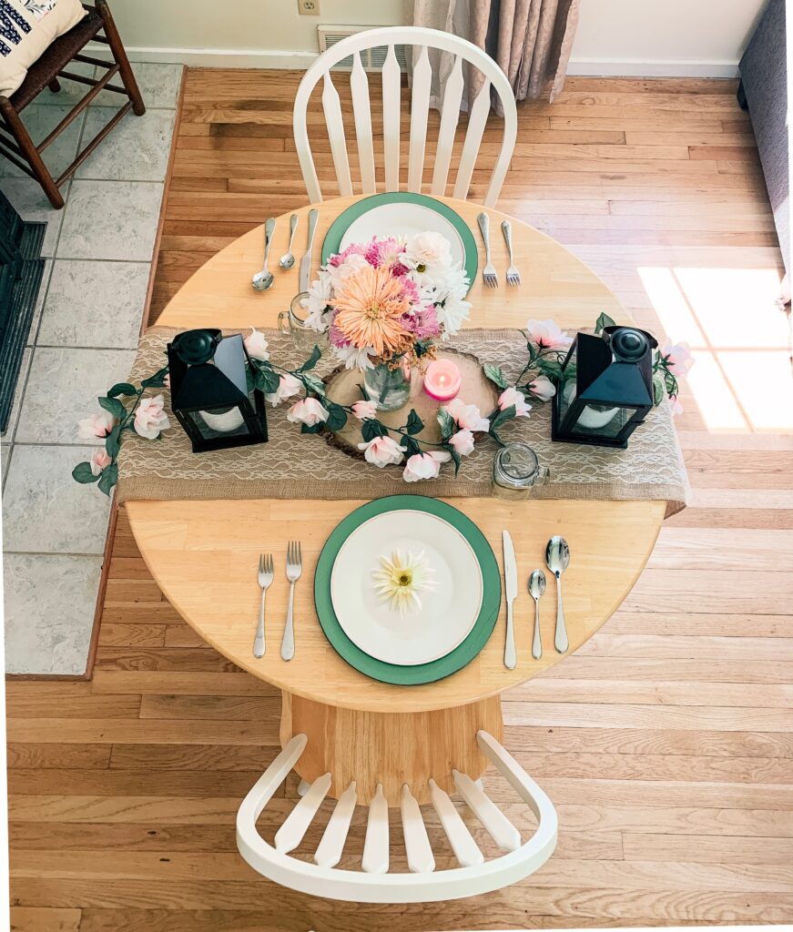 Overhead of my pretty, spring tablescape.